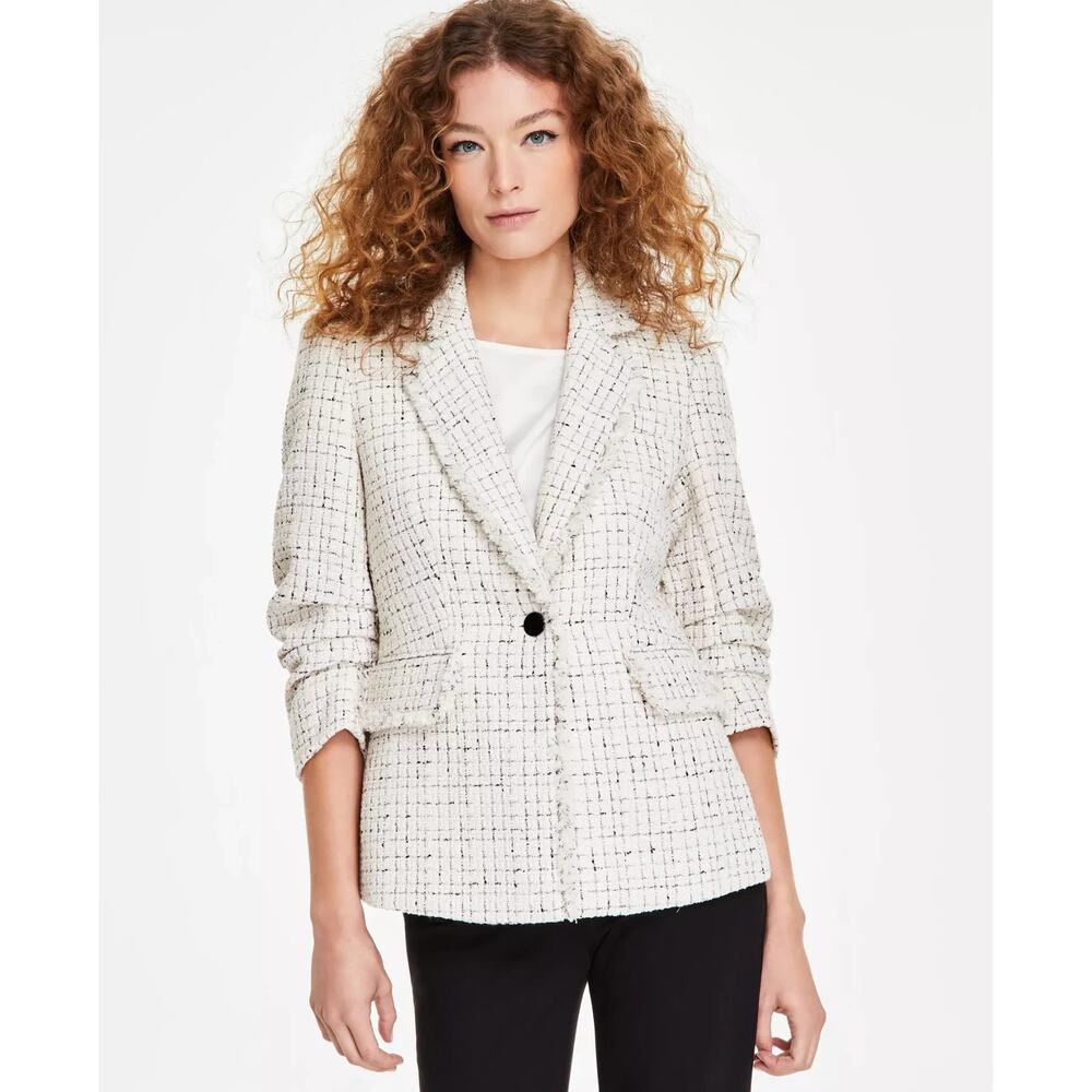 Anne Klein Women's Tweed Fringe Scrunch-Sleeve Blazer Ecru Size S 1558